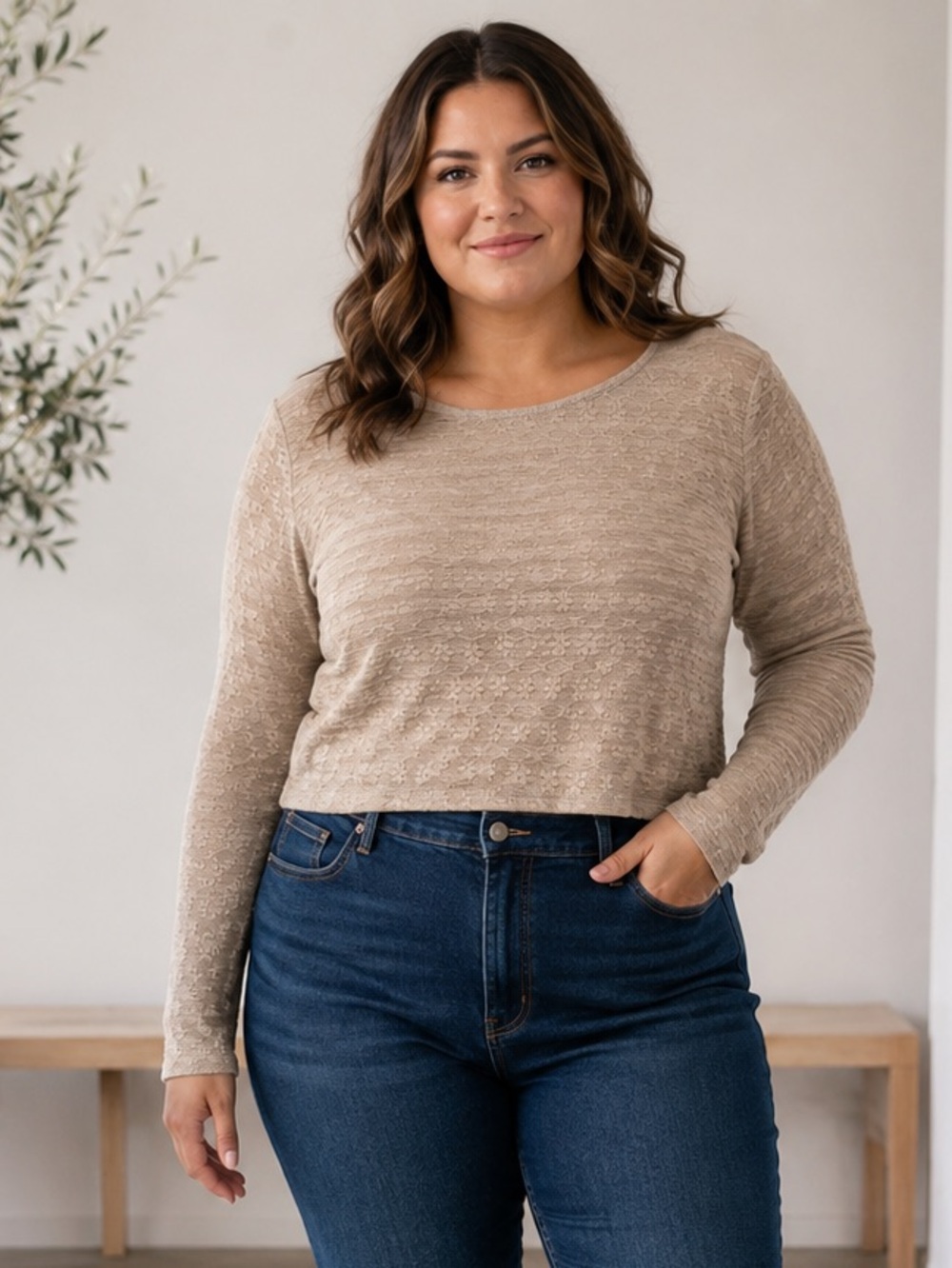 Refuge Taupe Textured Long Sleeve Cropped Top Y2K- Size XL